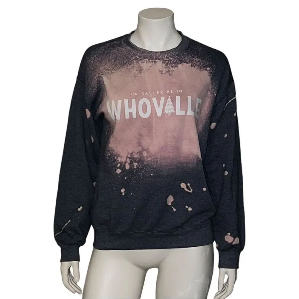 Gildan I'd Rather Be in Whoville Bleach Splatter Sweatshirt Blue Pink Medium EUC